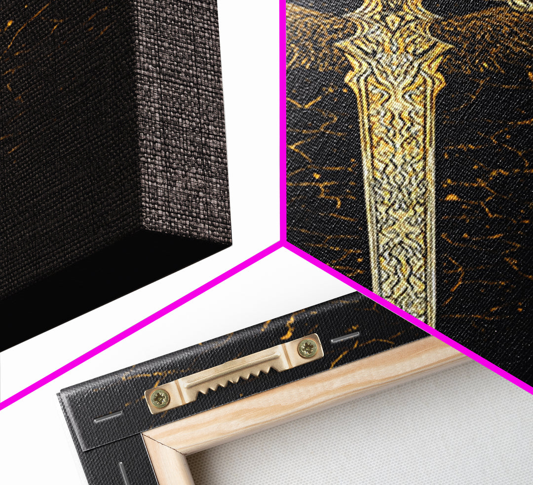 Winged Viking Sword Canvas Gold Art Canvas Art | Norse Mythology Weapon Wall Decor for Man Cave or Office | Framed in Real Wood