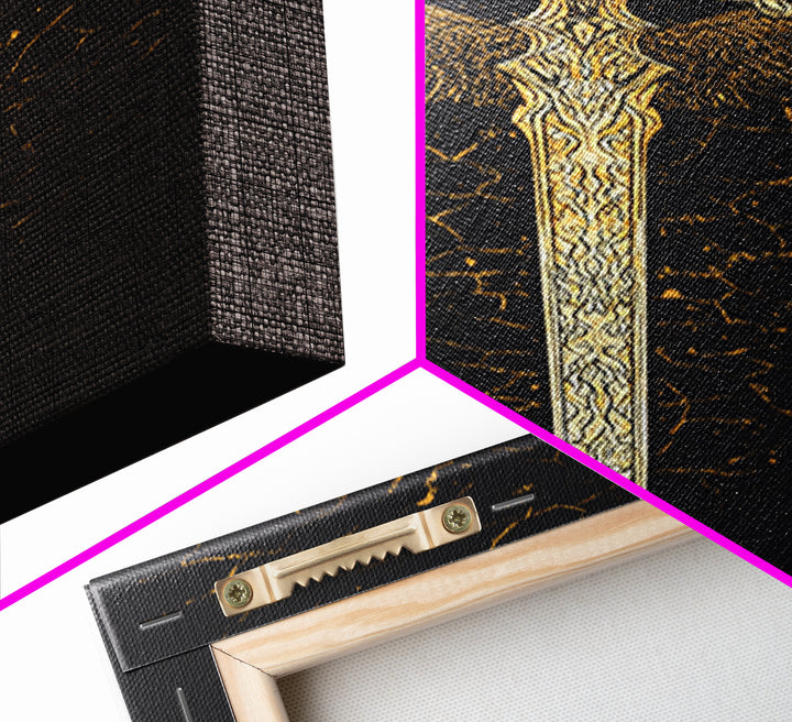 Winged Viking Sword Canvas Gold Art Canvas Art | Norse Mythology Weapon Wall Decor for Man Cave or Office | Framed in Real Wood