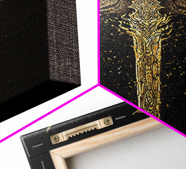 Norse Angelic Sword Canvas Gold Art Canvas Art | Viking Warrior Weapon Wall Art Dad Gift | Mounted with Solid Natural Wood Frame