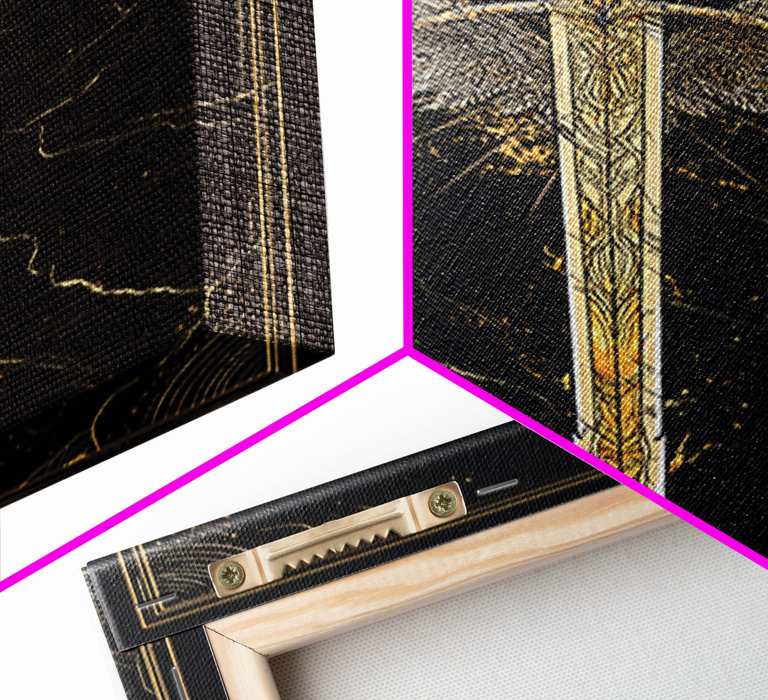 Winged Blade Canvas Gold Art Canvas Art | Norse Mythology Sword Wall Art Pagan Decor Dad Gift | Natural Wood Frame for Office