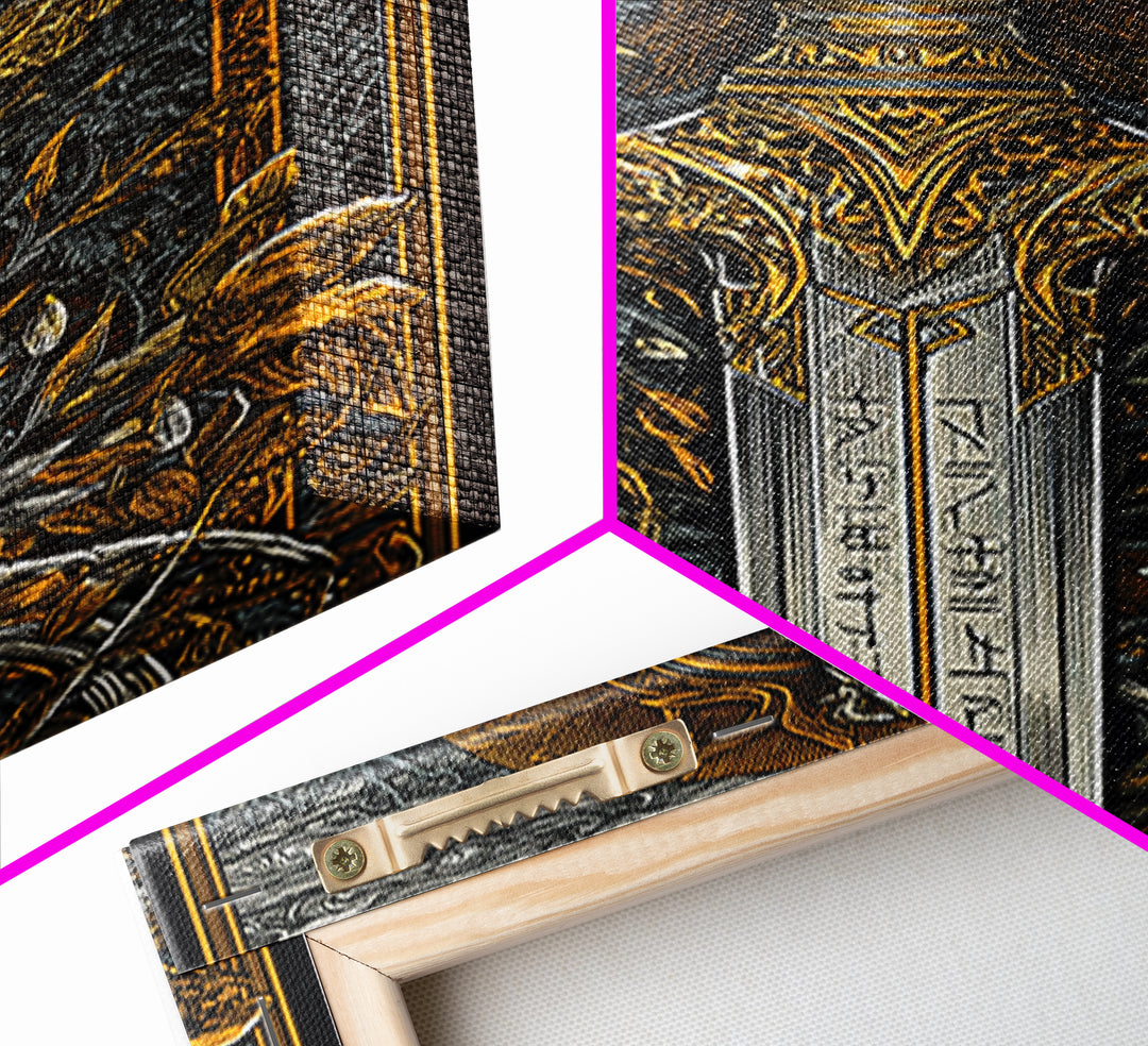 Nordic Forest Sword Canvas Gold Art Canvas Art | Viking Mythology Decor Pagan Warrior Weapon Wall Art | Mounted with Wood Frame