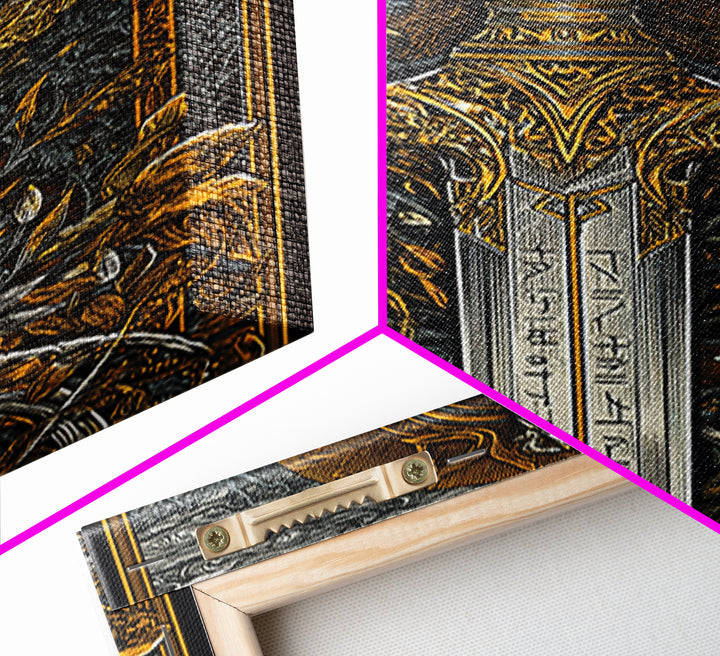 Nordic Forest Sword Canvas Gold Art Canvas Art | Viking Mythology Decor Pagan Warrior Weapon Wall Art | Mounted with Wood Frame