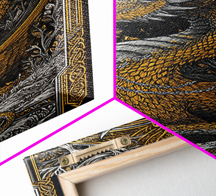 Nordic Dragon Canvas Gold Art Canvas Art | Viking Mythology Wall Decor for Dad Gift or Office Art | With Natural Wood Frame