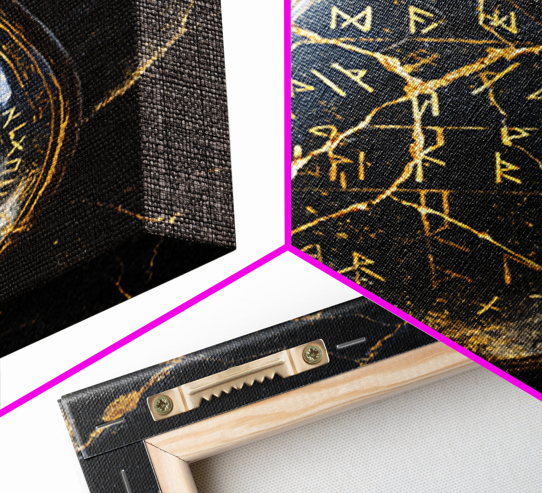 Runestone Canvas Gold Art Canvas Art | Viking Runes Nordic Mythology Wall Art for Man Cave or Study | Mounted in Real Wood