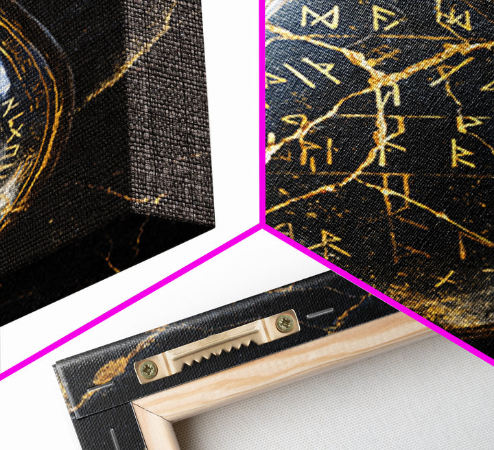 Runestone Canvas Gold Art Canvas Art | Viking Runes Nordic Mythology Wall Art for Man Cave or Study | Mounted in Real Wood