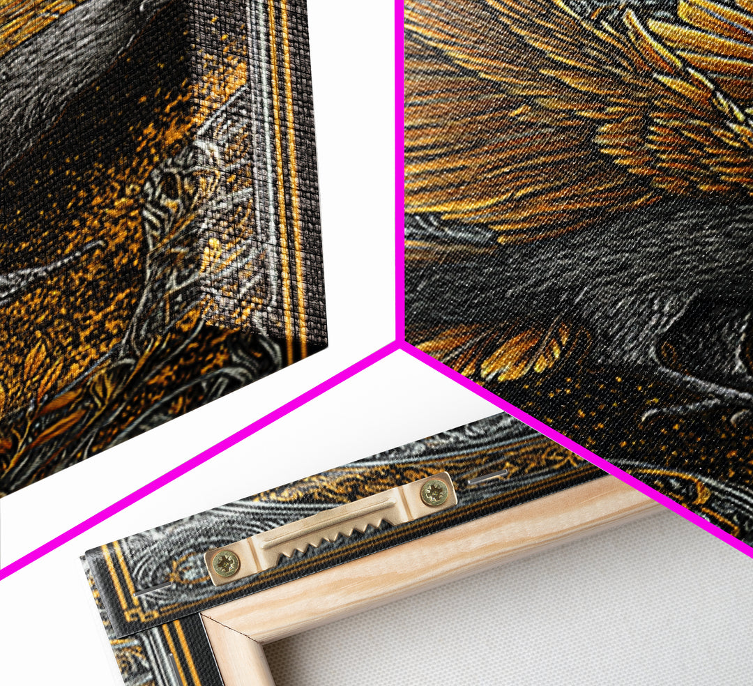 Huginn and Muninn Raven Canvas Gold Art Canvas Art | Norse Mythology Wall Hanging for Man Cave Decor | Real Wood Frame Included