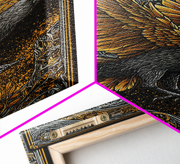 Huginn and Muninn Raven Canvas Gold Art Canvas Art | Norse Mythology Wall Hanging for Man Cave Decor | Real Wood Frame Included