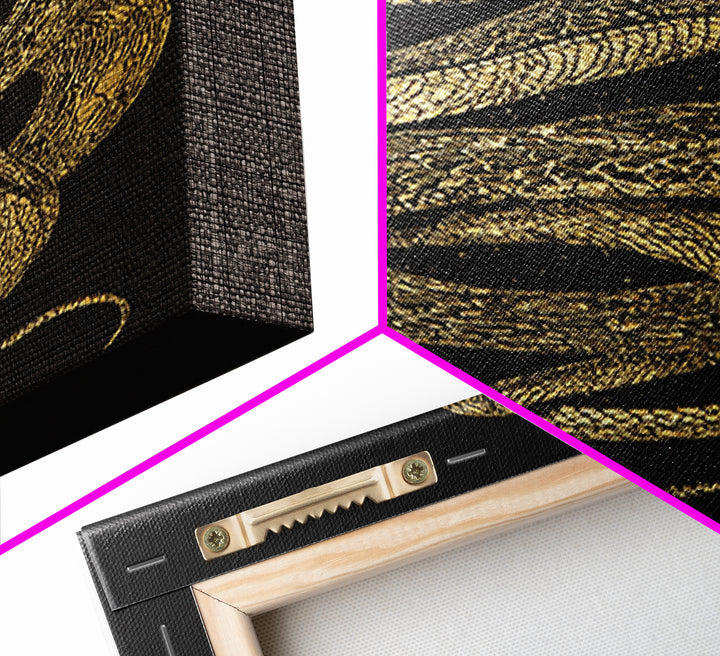 Jormungandr Serpent Canvas Gold Art Canvas Art | Viking Snake Norse Mythology Wall Art for Office or Man Cave | Framed in Wood