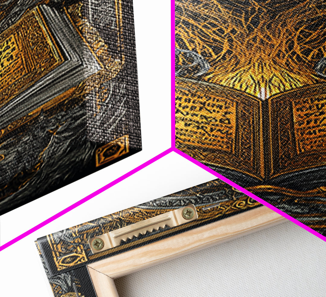 Viking Grimoire Canvas Gold Art Canvas Art | Norse Mythology Rune Book Wall Decor for Dad Gift or Study | Framed in Real Wood
