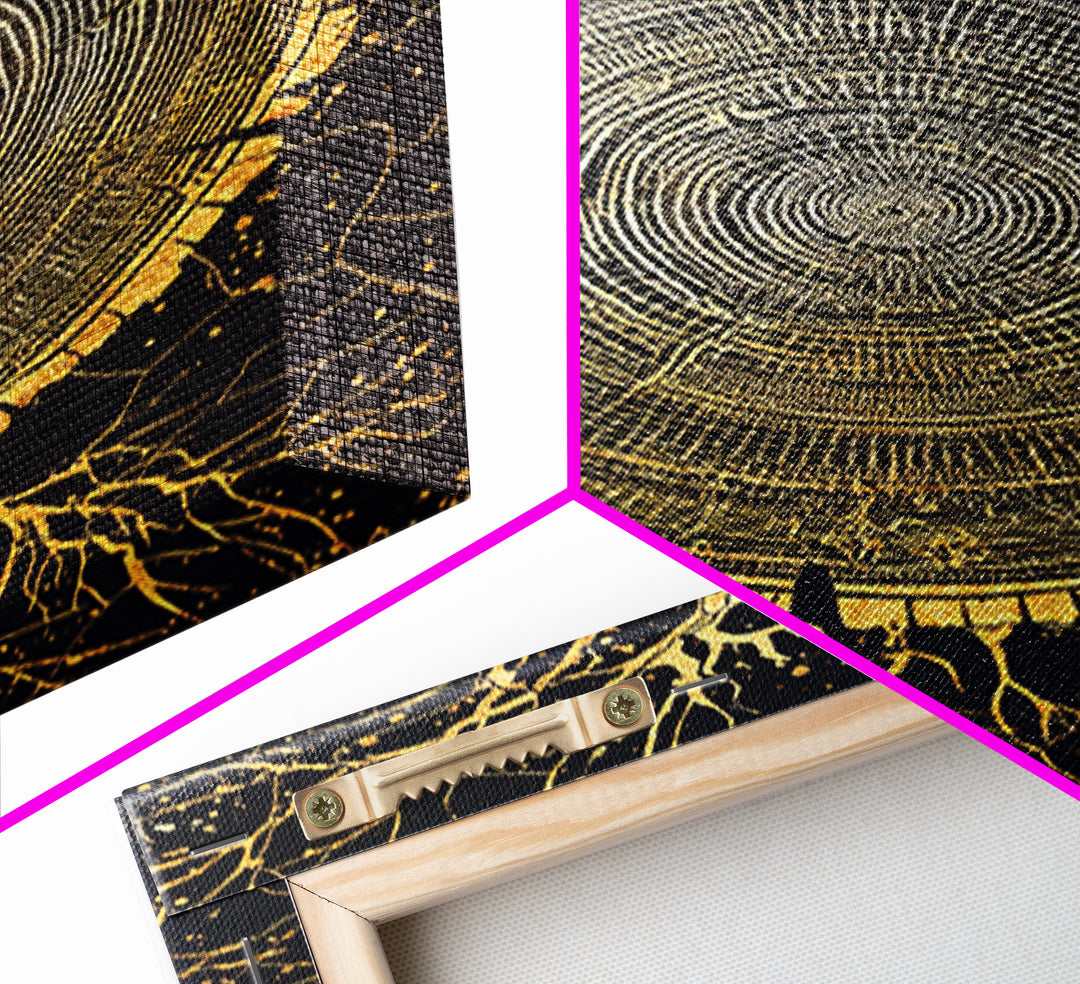 Canvas Gold Art of Yggdrasil Inspired Tree Rings, Norse Mythology Canvas Art for Dad Gift or Study, handcrafted real wood frame