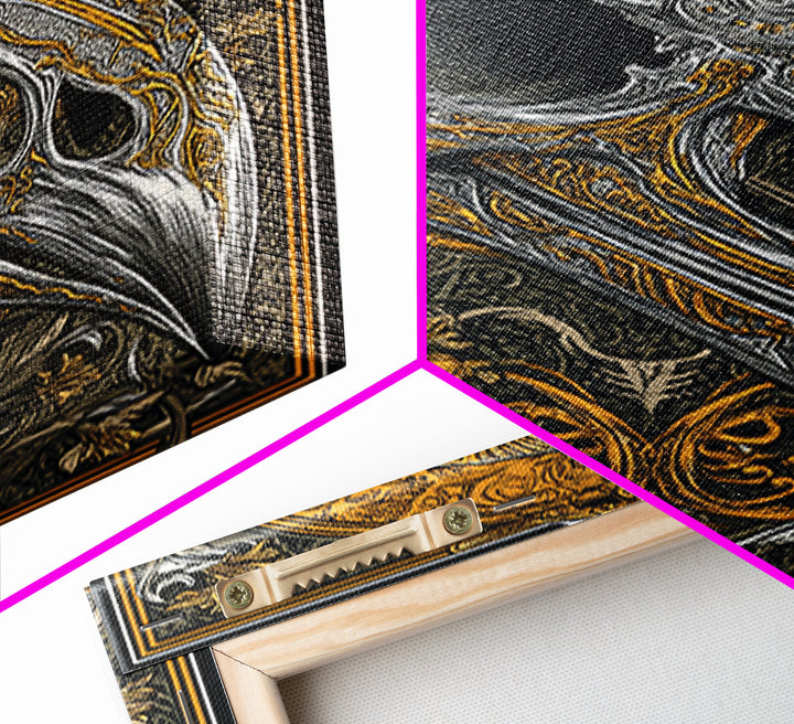 Norse Crow Skull Canvas Gold Art, Nordic Mythology Canvas Art for Man Cave or Office, framed in handcrafted real wood frame