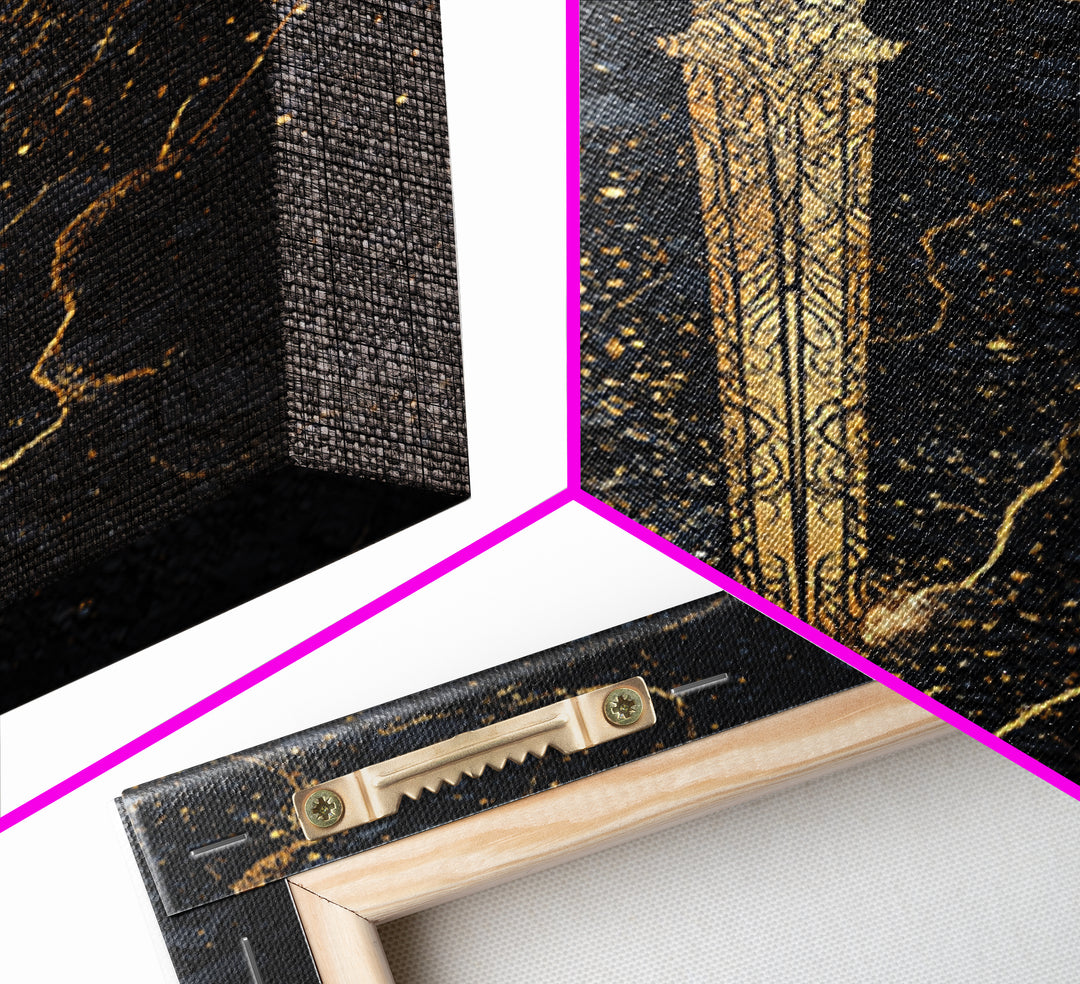 Nordic Sword of Legends Canvas Gold Art, Norse Mythology Inspired Canvas Art for Man Cave or Office, with real wood frame