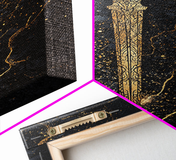 Nordic Sword of Legends Canvas Gold Art, Norse Mythology Inspired Canvas Art for Man Cave or Office, with real wood frame