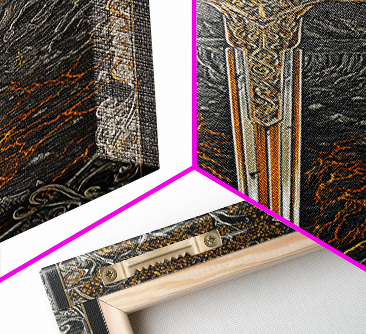 Yggdrasil Sword Canvas Gold Art, Nordic Mythology Canvas Art for Office or Dad Gift, handcrafted and framed in real natural wood