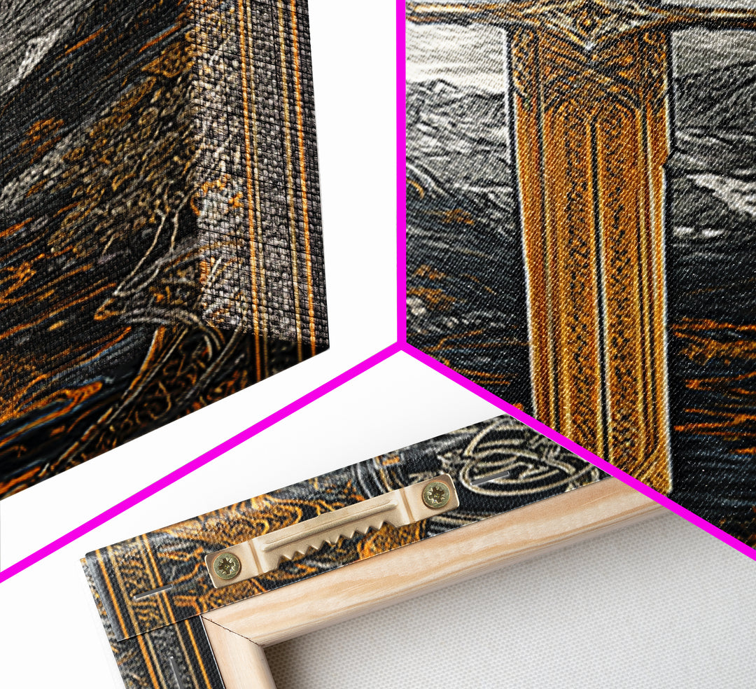 Norse Saga Sword Canvas Gold Art, Viking Inspired Canvas Art for Man Cave or Office, Nordic Mythology Wall Decor in real wood frame