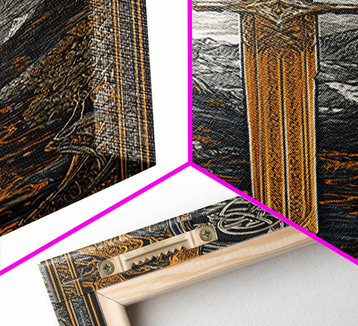 Norse Saga Sword Canvas Gold Art, Viking Inspired Canvas Art for Man Cave or Office, Nordic Mythology Wall Decor in real wood frame