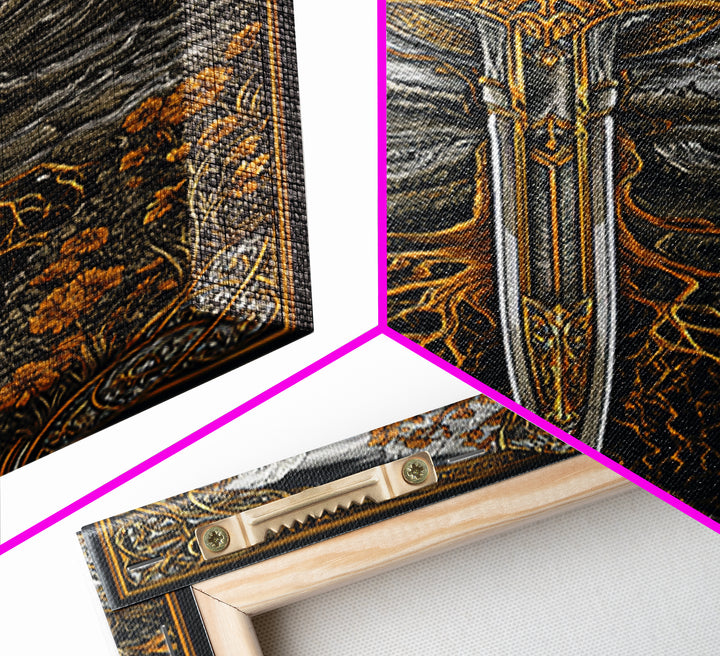 Nordic Sword of Yggdrasil Canvas Gold Art Canvas Art | Viking Mythology Wall Decor for Man Cave or Office | Framed in Real Wood
