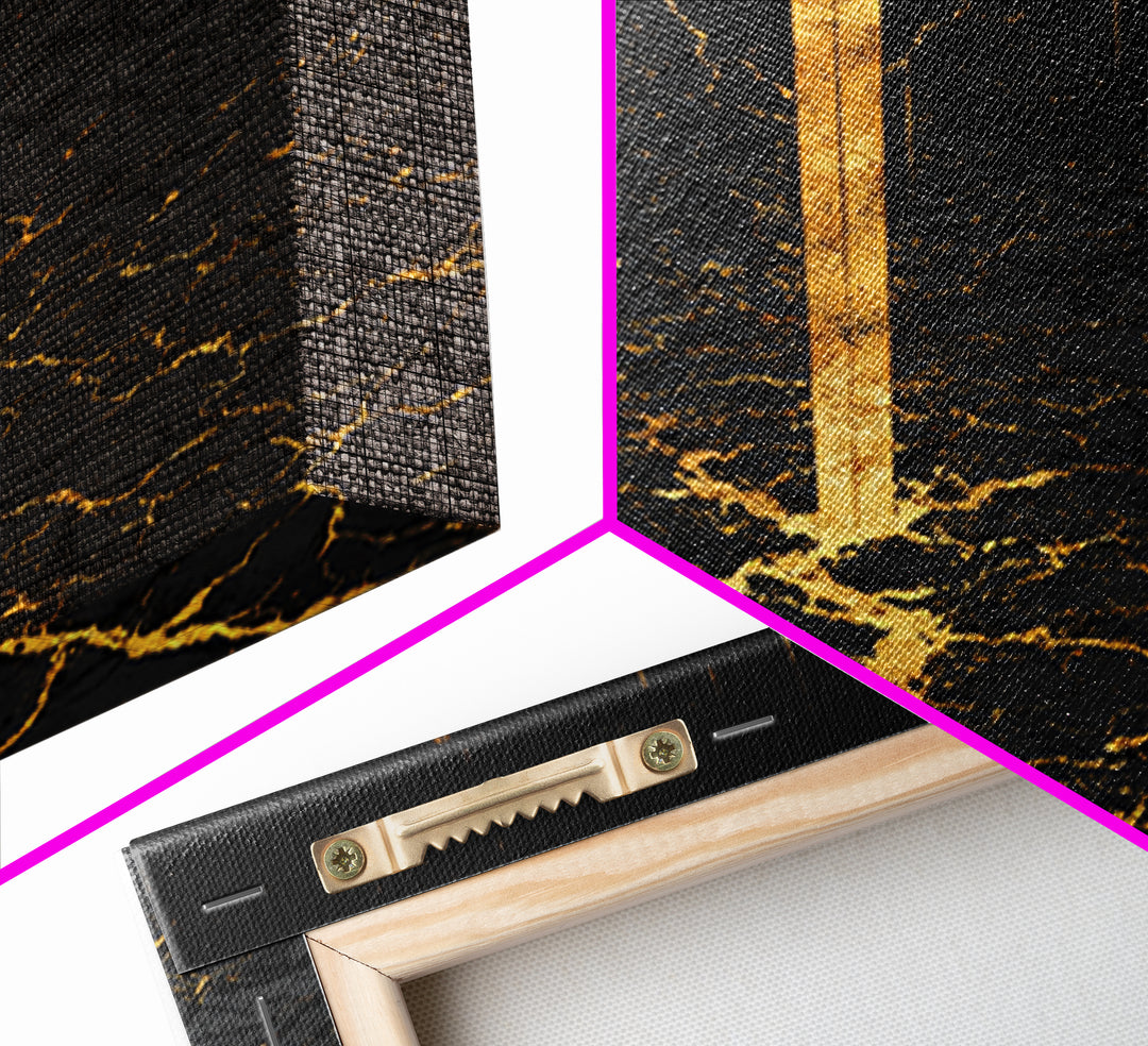 Norse Warrior Sword Canvas Gold Art Canvas Art | Viking Mythology Weapon Wall Decor Dad Gift | Office Art with Natural Wood Frame