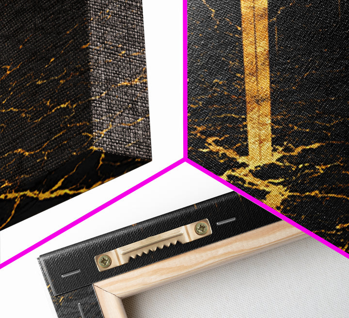 Norse Warrior Sword Canvas Gold Art Canvas Art | Viking Mythology Weapon Wall Decor Dad Gift | Office Art with Natural Wood Frame