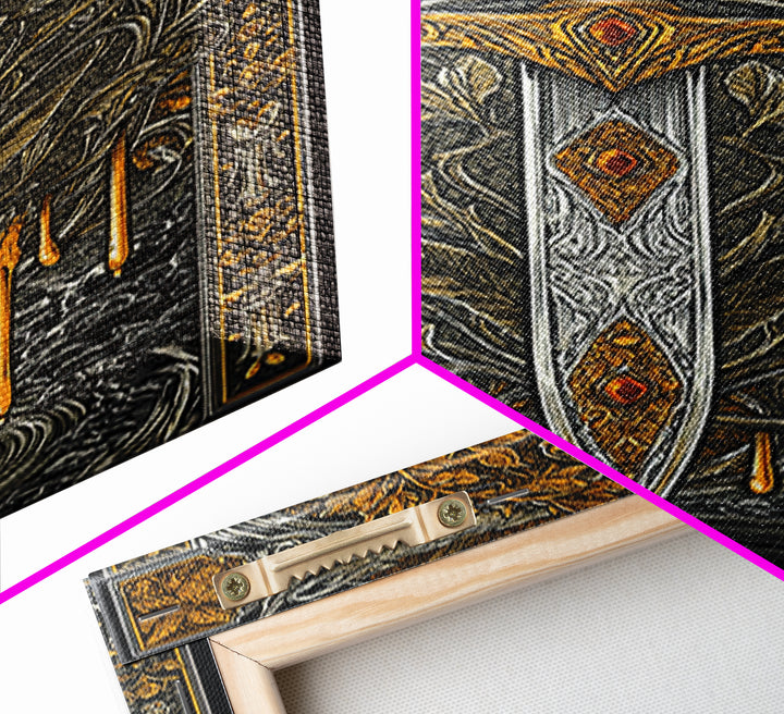 Golden Rune Sword Canvas Gold Art Canvas Art | Viking Mythology Weapon Wall Decor for Dad Gift | Office or Man Cave in Real Wood Frame