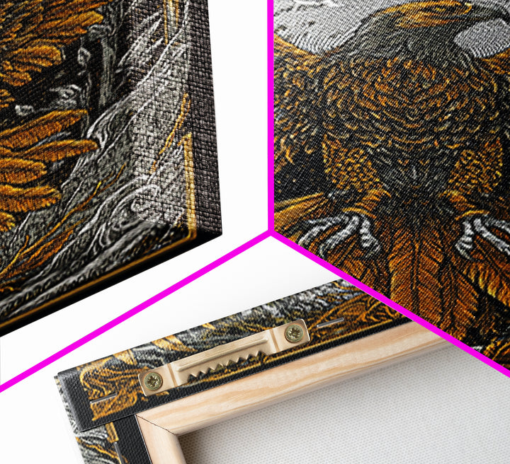 Nordic Eagle Canvas Gold Art Canvas Art Wall Decor for Office or Man Cave, Viking Inspired Artwork in Natural Wood Frame