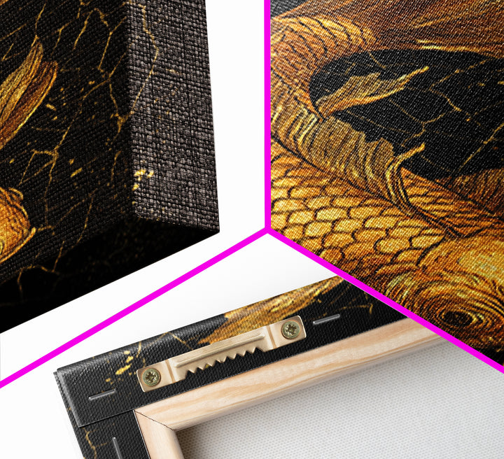 Nordic Mythology Canvas Gold Art Canvas Art Koi Fish Wall Decor, Viking Inspired Gift for Men, Framed in Real Wood
