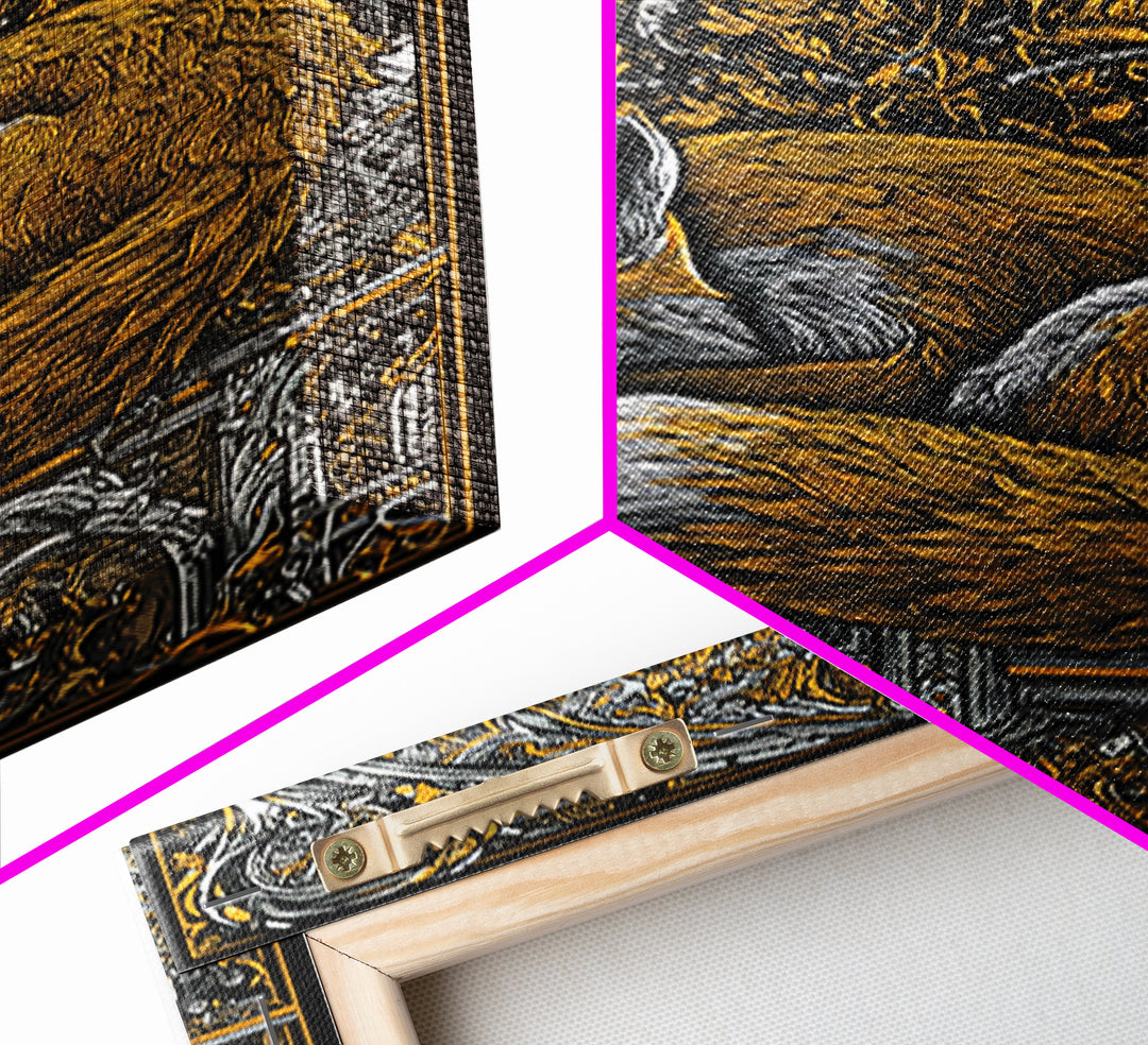 Viking Fox Canvas Gold Art Canvas Art Wall Decor, Nordic Mythology Inspired Animal Artwork for Office or Man Cave, Wood Frame