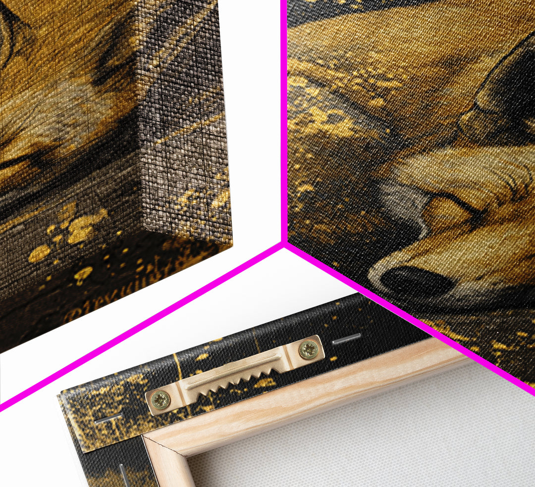 Canvas Art Nordic Fox Canvas Gold Art Wall Hanging, Viking Mythology Decor Gift for Dad or Husband, Framed in Real Wood