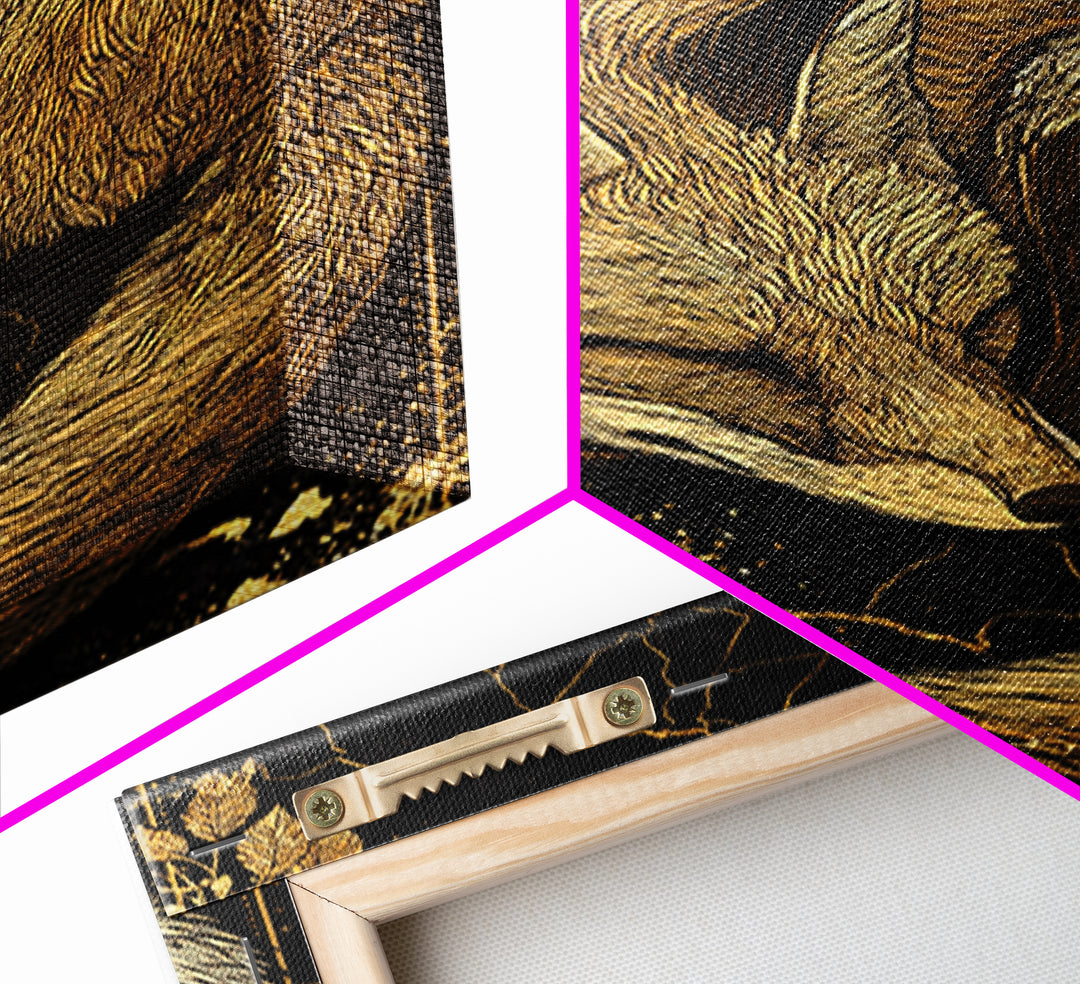 Nordic Sleeping Fox Canvas Gold Art Canvas Art Decor, Viking Myth Inspired Animal Wall Hanging with Natural Wood Frame