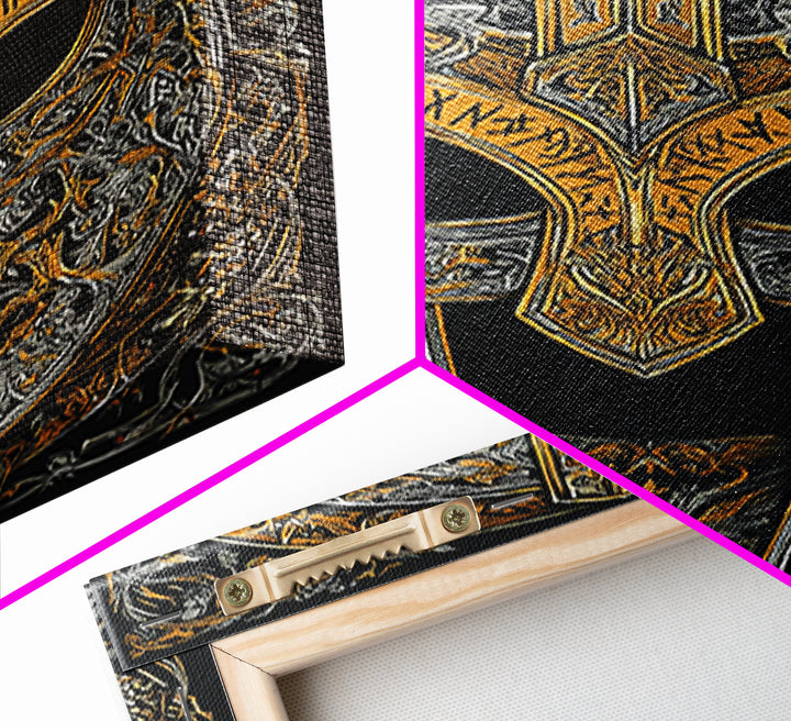Viking Warrior Helmet Canvas Gold Art Canvas Art Wall Decor, Nordic Mythology Gift for Men or Office, Real Wood Frame Display