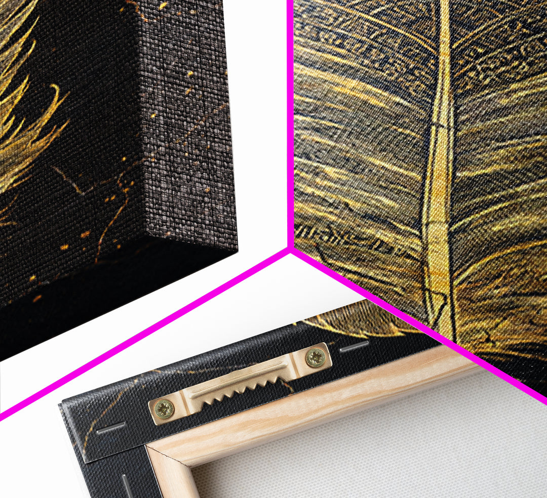 Canvas Gold Art Nordic Feather Canvas Art Wall Decor, Viking Myth Symbol Artwork for Men’s Office or Dad Gift, Real Wood Frame