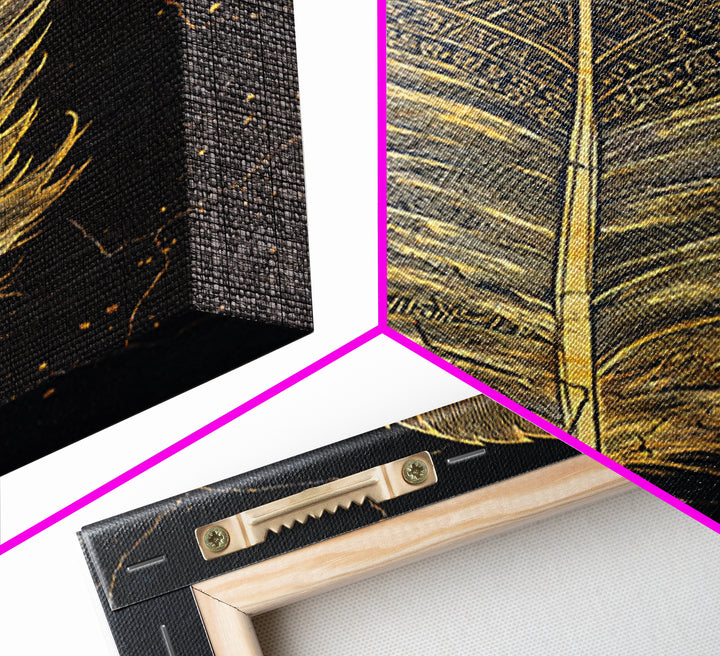 Canvas Gold Art Nordic Feather Canvas Art Wall Decor, Viking Myth Symbol Artwork for Men’s Office or Dad Gift, Real Wood Frame