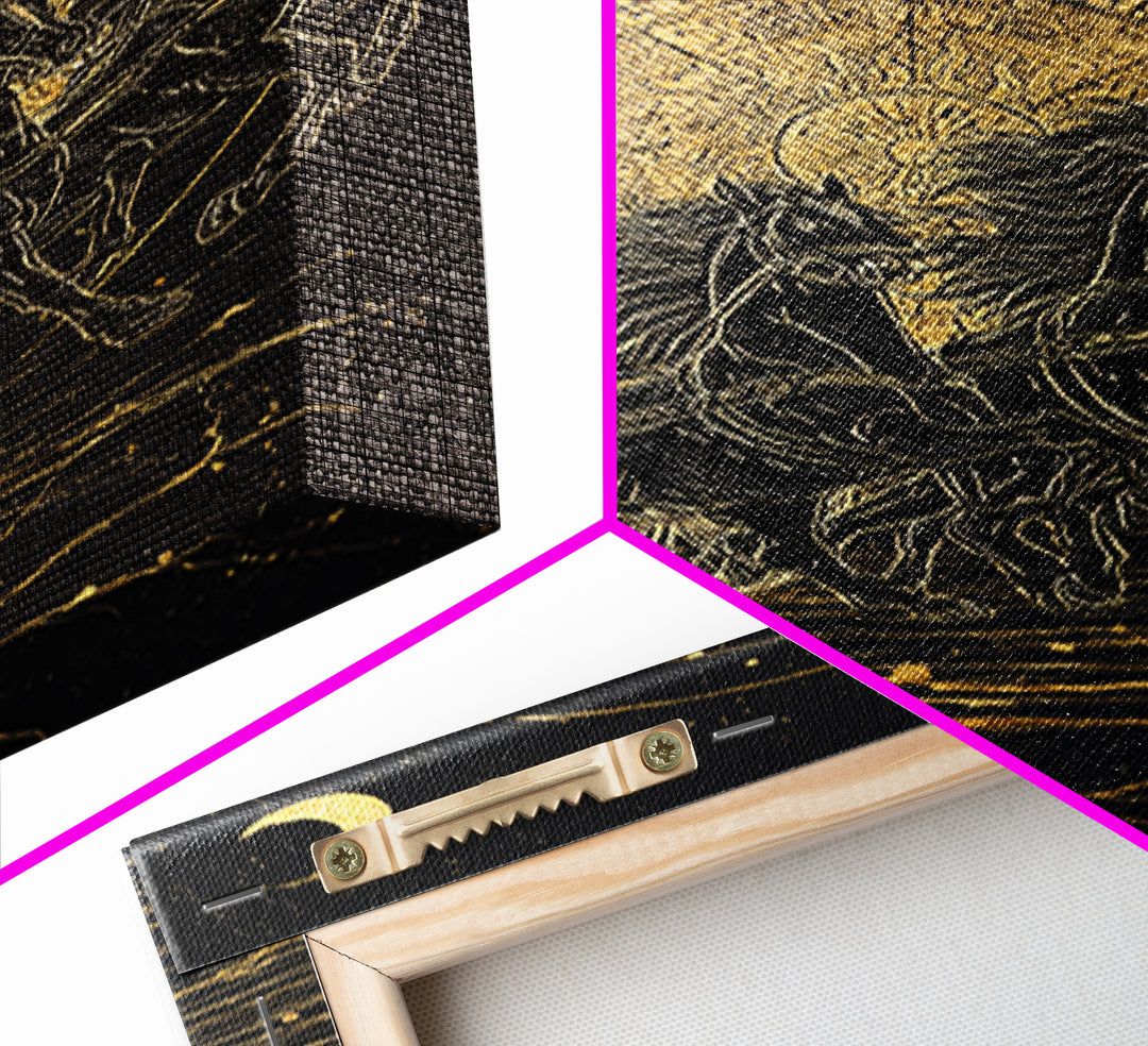 Norse Sun Chariot Canvas Gold Art, Nordic Mythology Horses Canvas Art for Dad Gift or Office Decor, with Real Wood Frame