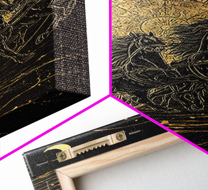 Norse Sun Chariot Canvas Gold Art, Nordic Mythology Horses Canvas Art for Dad Gift or Office Decor, with Real Wood Frame