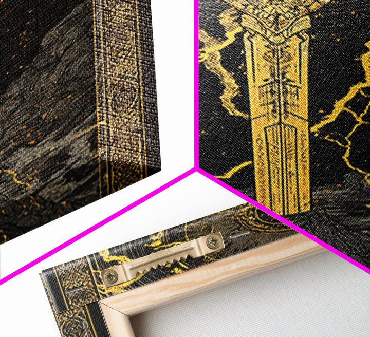 Thor’s Sword Canvas Gold Art, Viking Weapon Nordic Mythology Canvas Art for Man Cave or Office Wall, Real Wood Frame Included