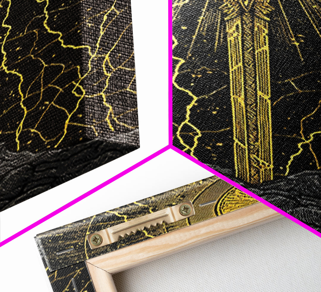 Viking Sword Canvas Gold Art, Norse Mythology Weapon Canvas Art with Lightning, Office Wall or Dad Gift, Framed in Wood