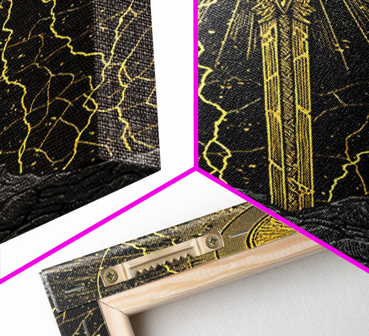 Viking Sword Canvas Gold Art, Norse Mythology Weapon Canvas Art with Lightning, Office Wall or Dad Gift, Framed in Wood