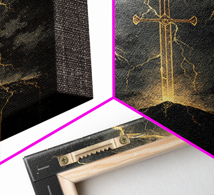 Storm Forged Sword Canvas Gold Art, Nordic Mythology Canvas Art with Lightning Strikes, Man Cave Office Decor, Real Wood Frame