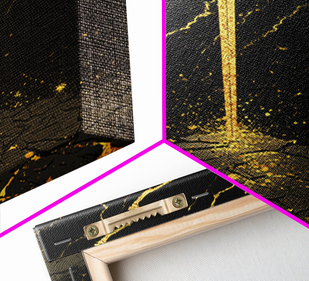 Odin’s Throne Canvas Gold Art, Viking Wolves and Norse Mythology Canvas Art for Man Cave or Office Wall, with Real Wood Frame