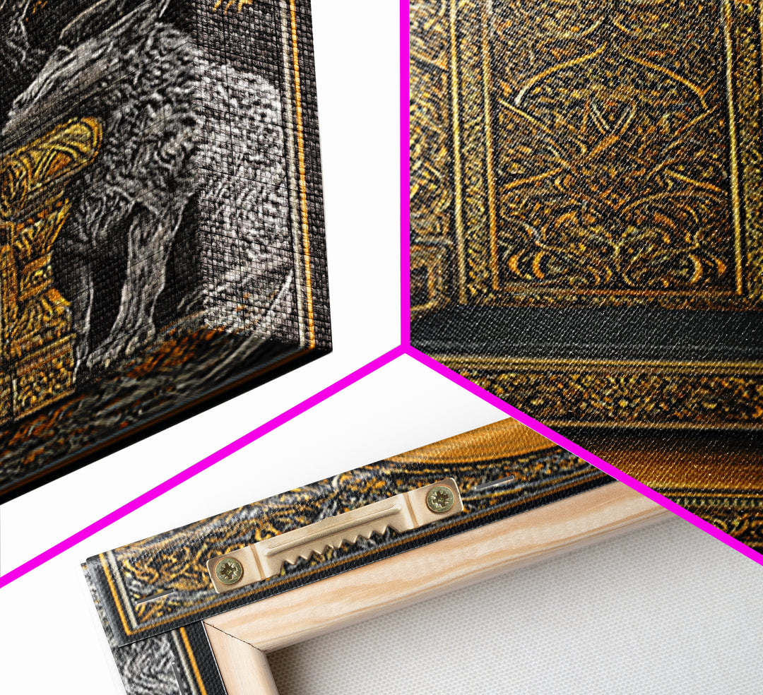 Yggdrasil Throne Canvas Gold Art, Norse Mythology Viking Chair Canvas Art, Office or Man Cave Wall Decor, Real Wood Frame Included