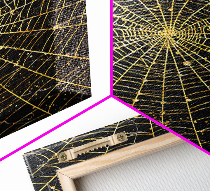 Spider Web Canvas Gold Art, Viking Canvas Art inspired by Norse Norns, Gothic Nordic Wall Decor with handcrafted real wood frame