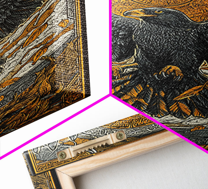 Nordic Eagle Guardian Canvas Gold Art Canvas Art | Viking Wall Decor Norse Mythology Art for Men | Mounted in Real Wood Frame