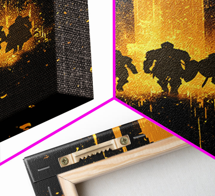 Norse Warriors Canvas Gold Art, Viking Canvas Art Wall Decor with Epic Battle Silhouettes, Man Cave Gift framed in real wood