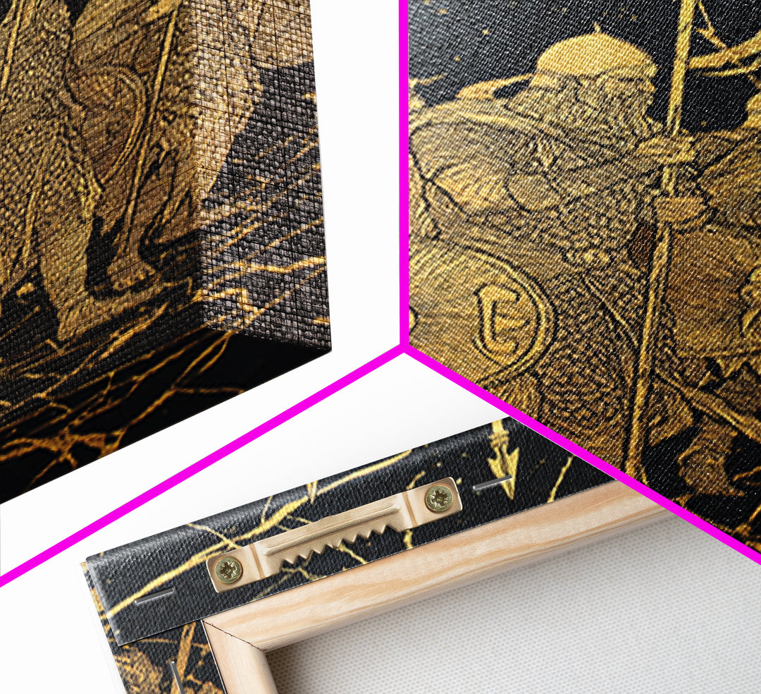 Viking Army March Canvas Gold Art Canvas Art | Norse Warrior Battle Scene Wall Decor for Man Cave or Office | Framed in Real Wood