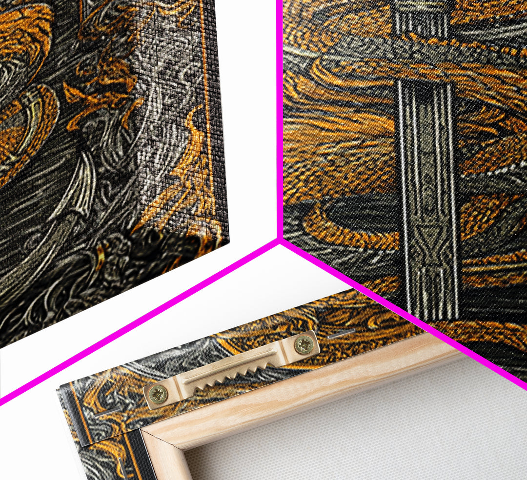 Jormungandr Serpent Canvas Gold Art Canvas Art | Norse Sea Dragon Mythology Wall Decor Pagan Symbol | Office Art with Real Wood