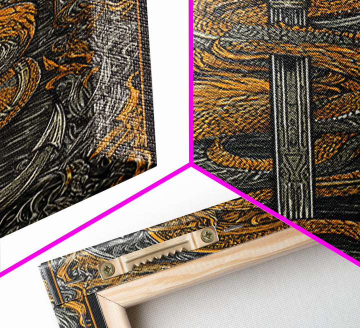 Jormungandr Serpent Canvas Gold Art Canvas Art | Norse Sea Dragon Mythology Wall Decor Pagan Symbol | Office Art with Real Wood