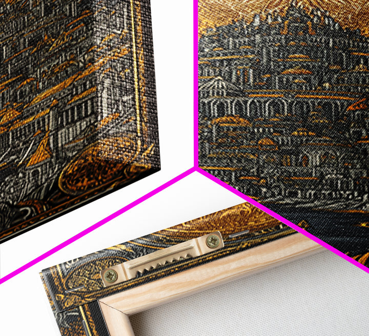 Asgard City Canvas Gold Art Canvas Art | Norse Mythology Viking Wall Decor Office Art | Nordic Fortress Scene in Real Wood Frame