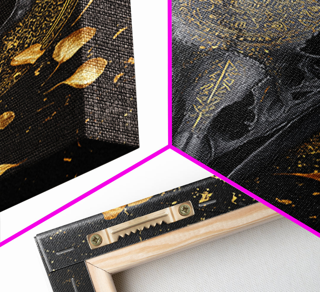 Raven Skull Canvas Gold Art Canvas Art | Odin’s Symbol Norse Mythology Wall Decor | Man Cave or Office Art with Natural Wood Frame