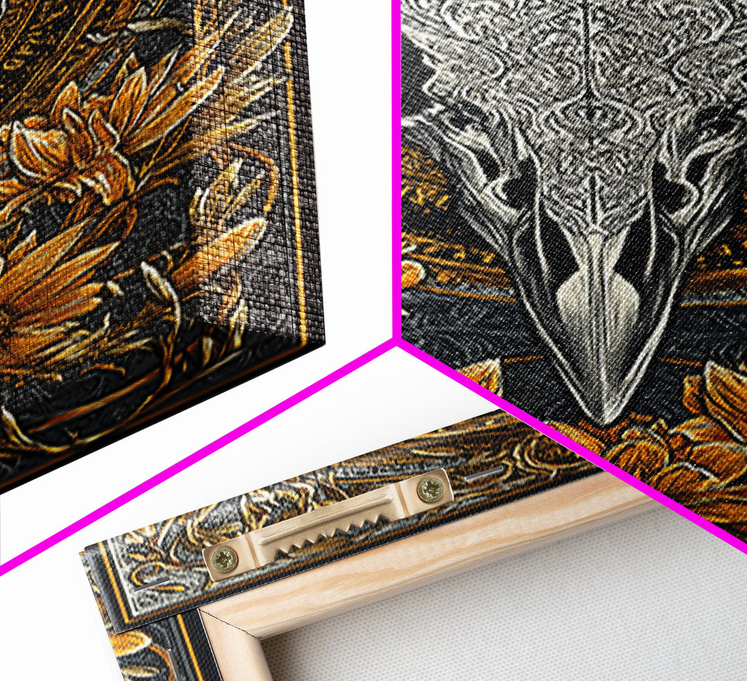 Floral Raven Skull Canvas Gold Art Canvas Art | Norse Mythology Pagan Decor for Office or Man Cave | Viking Symbol in Wood Frame