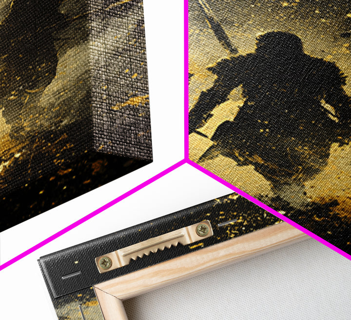Viking Einherjar Canvas Gold Art Canvas Art – Nordic Mythology Warrior Spirits Wall Decor for Office or Man Cave, real wood frame